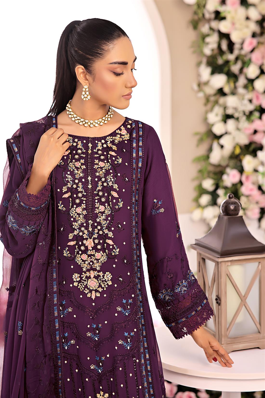 Purple Embroidered Raw Silk Ladies Chiffon Pret