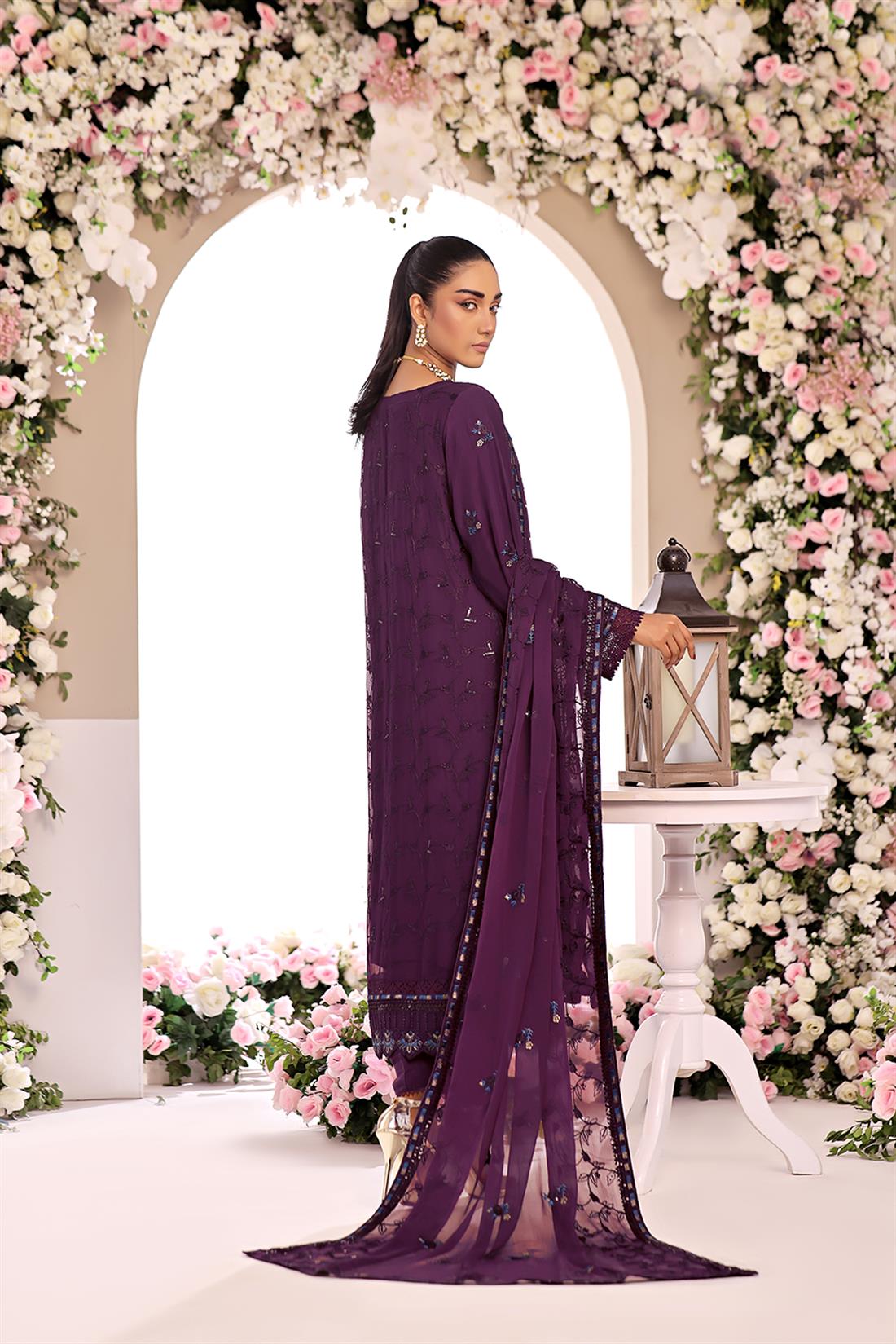 Purple Embroidered Raw Silk Ladies Chiffon Pret