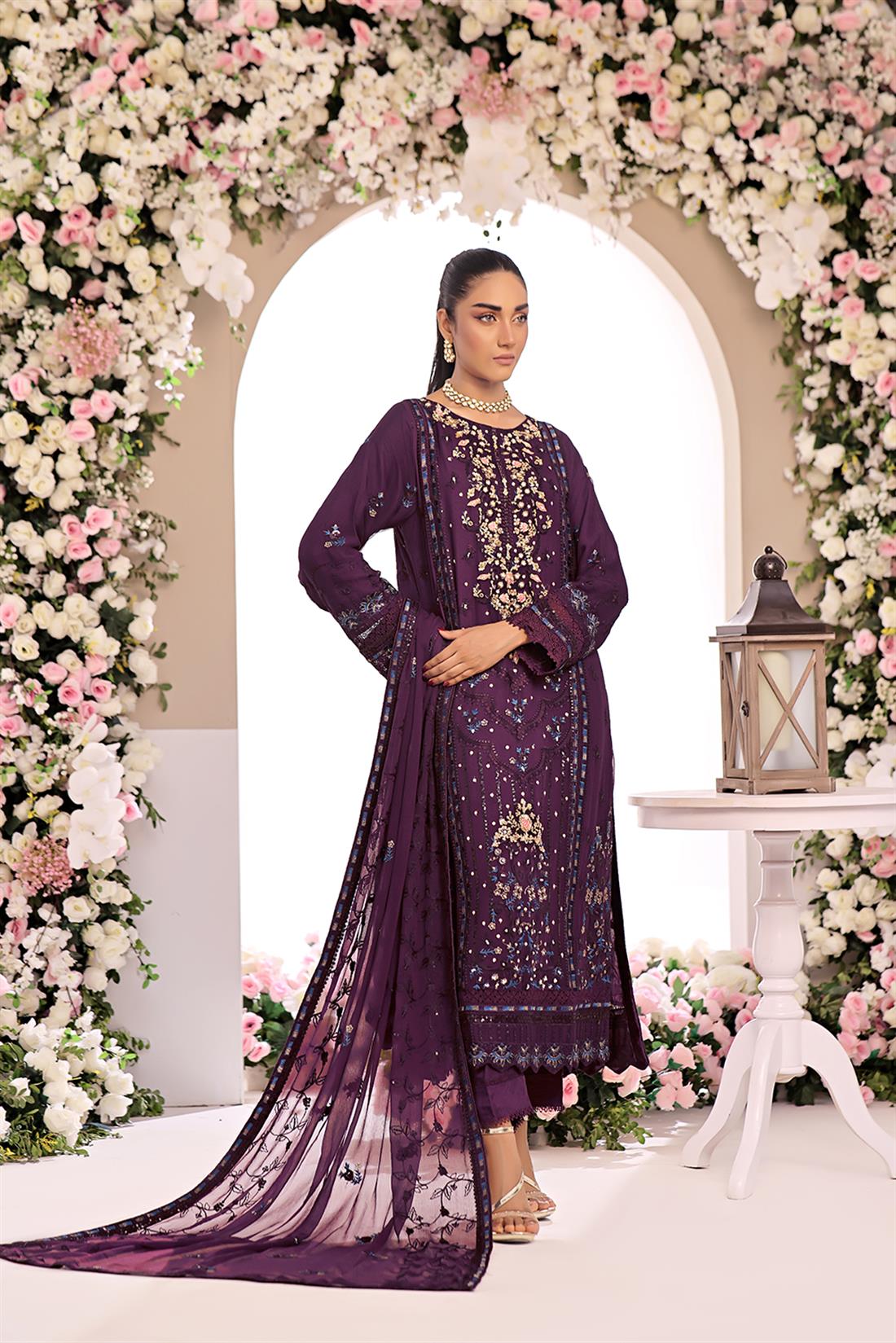 Purple Embroidered Raw Silk Ladies Chiffon Pret