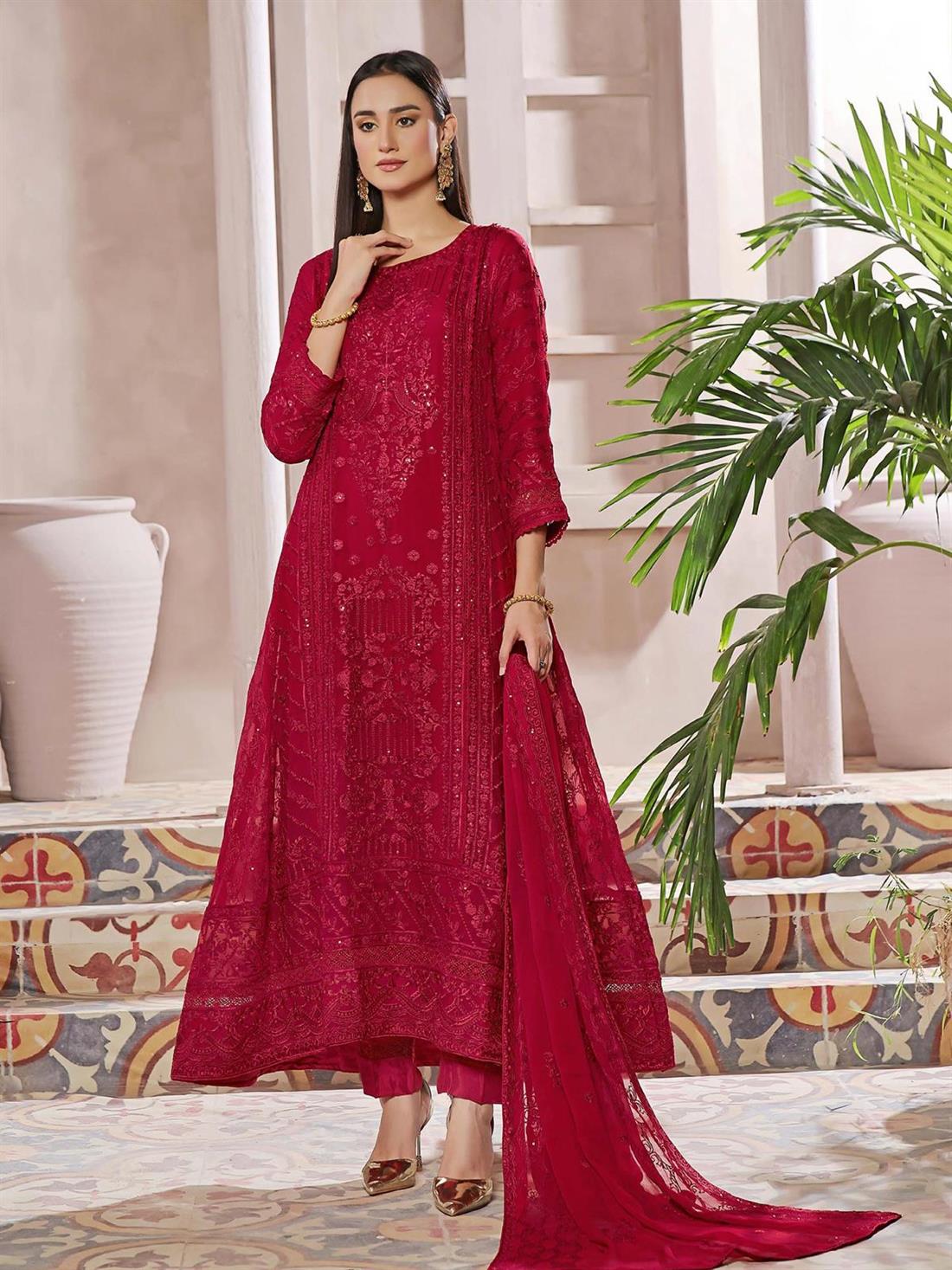 Red Embroidered Raw Silk Ladies Chiffon Emroidered Long Dress