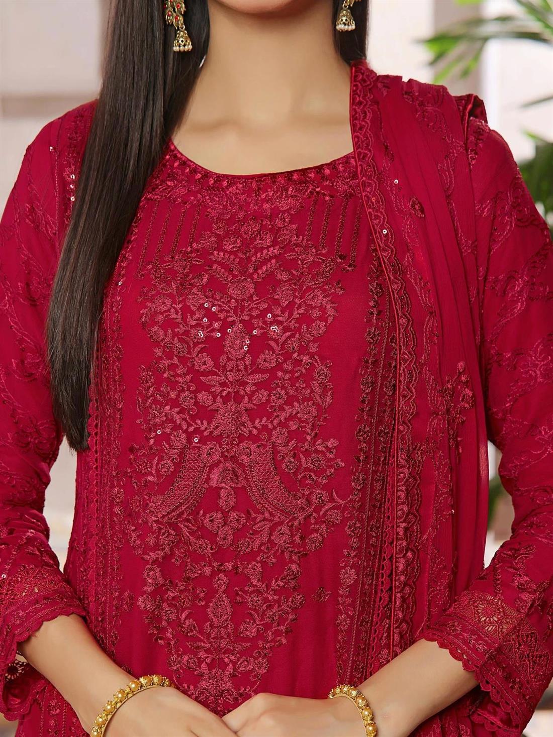 Red Embroidered Raw Silk Ladies Chiffon Emroidered Long Dress