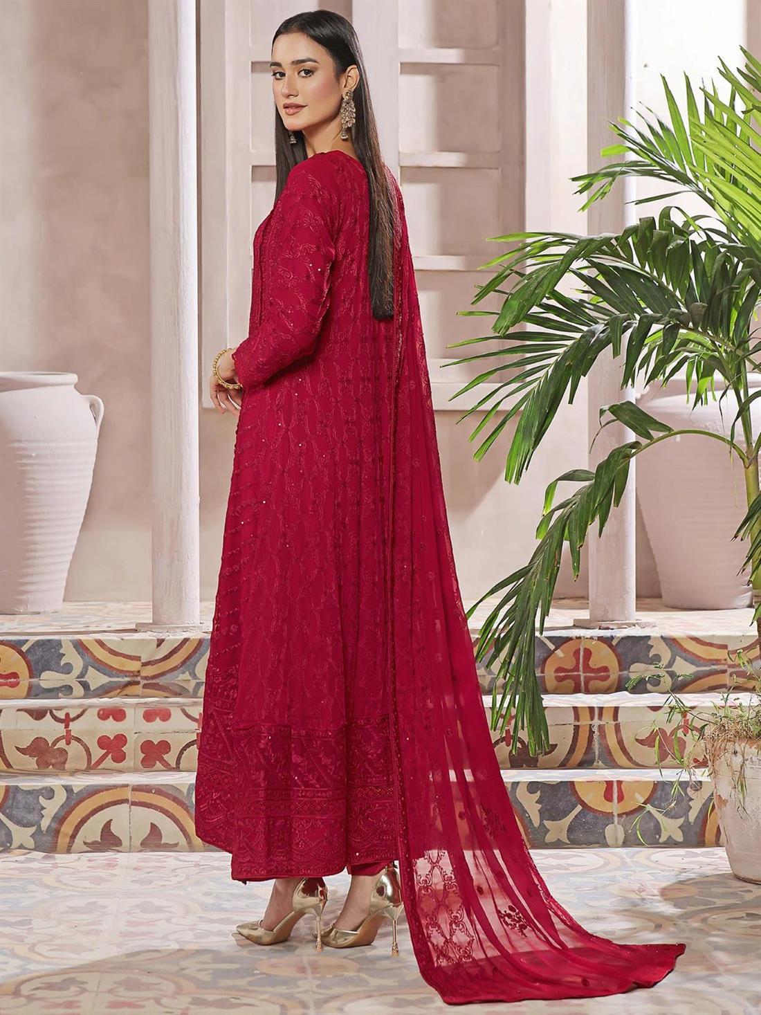 Red Embroidered Raw Silk Ladies Chiffon Emroidered Long Dress