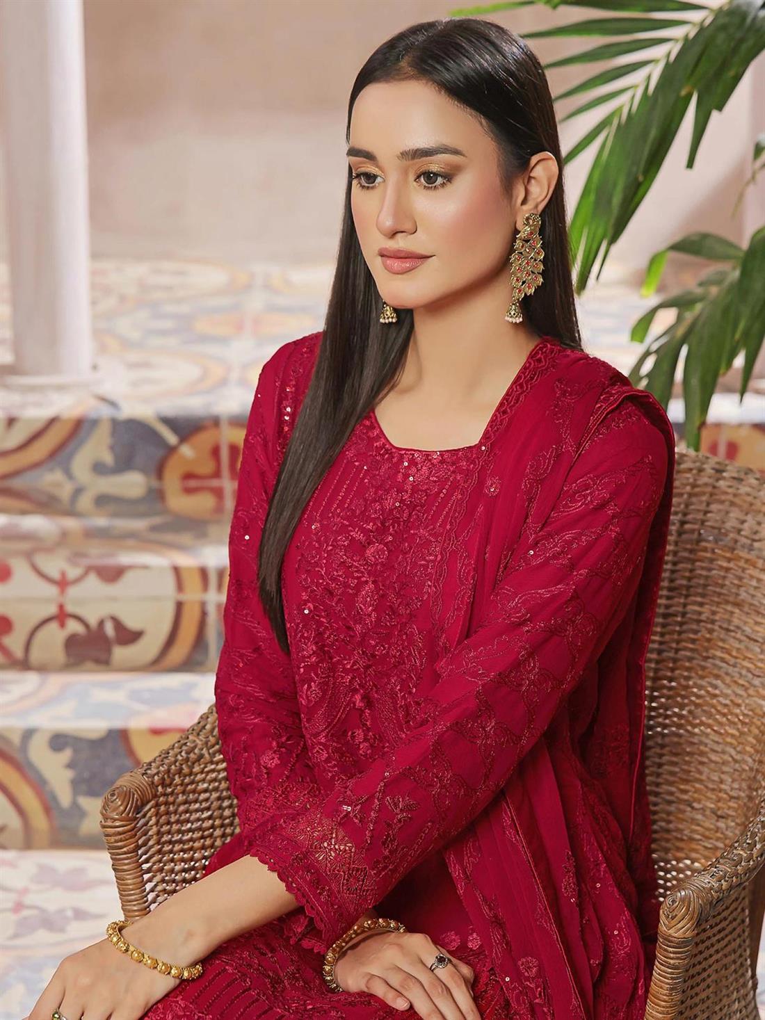 Red Embroidered Raw Silk Ladies Chiffon Emroidered Long Dress