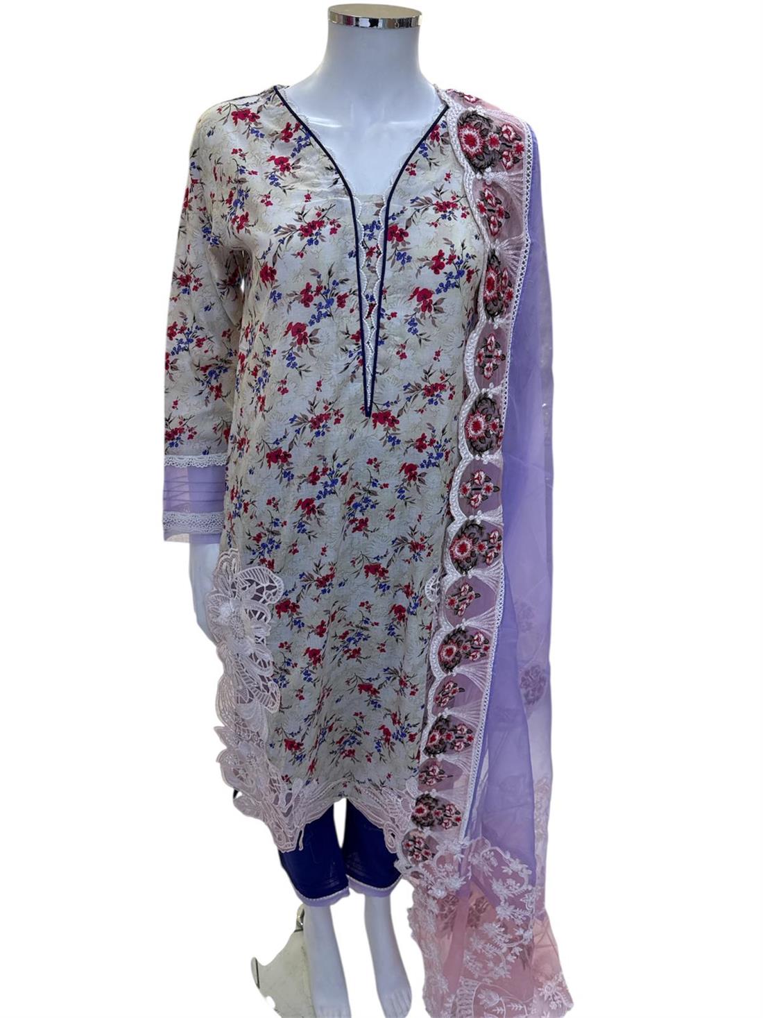 Lilac & Multicolour Embroidered Silk Ladies Cotton Suit