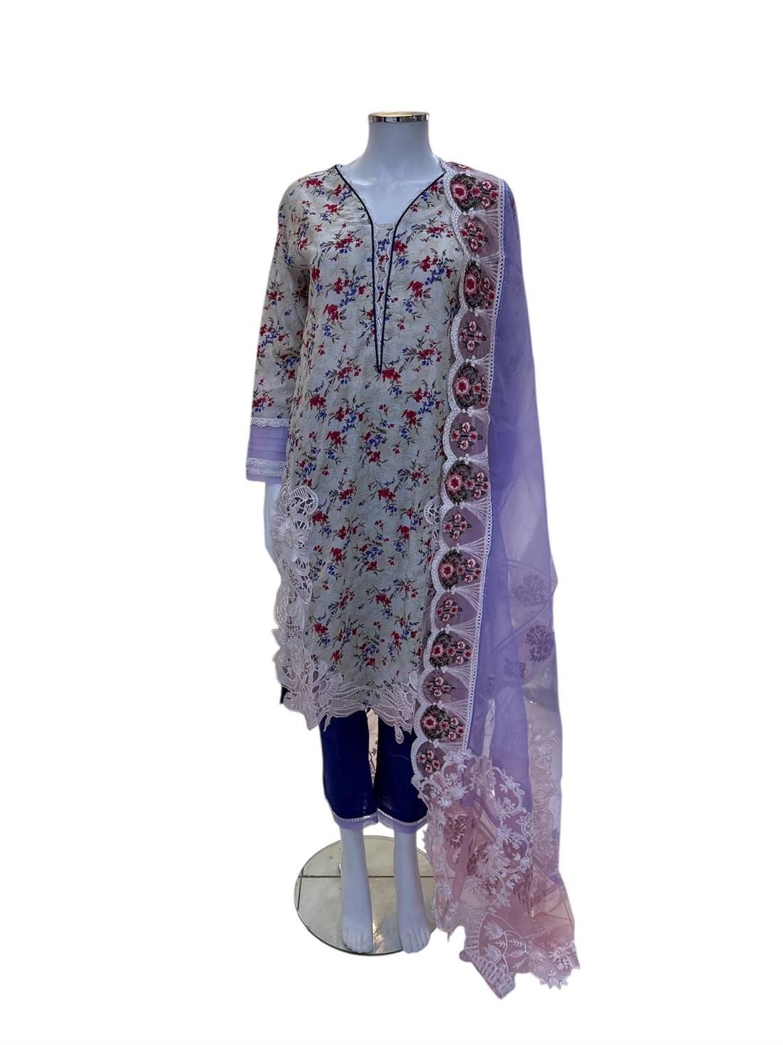 Lilac & Multicolour Embroidered Silk Ladies Cotton Suit