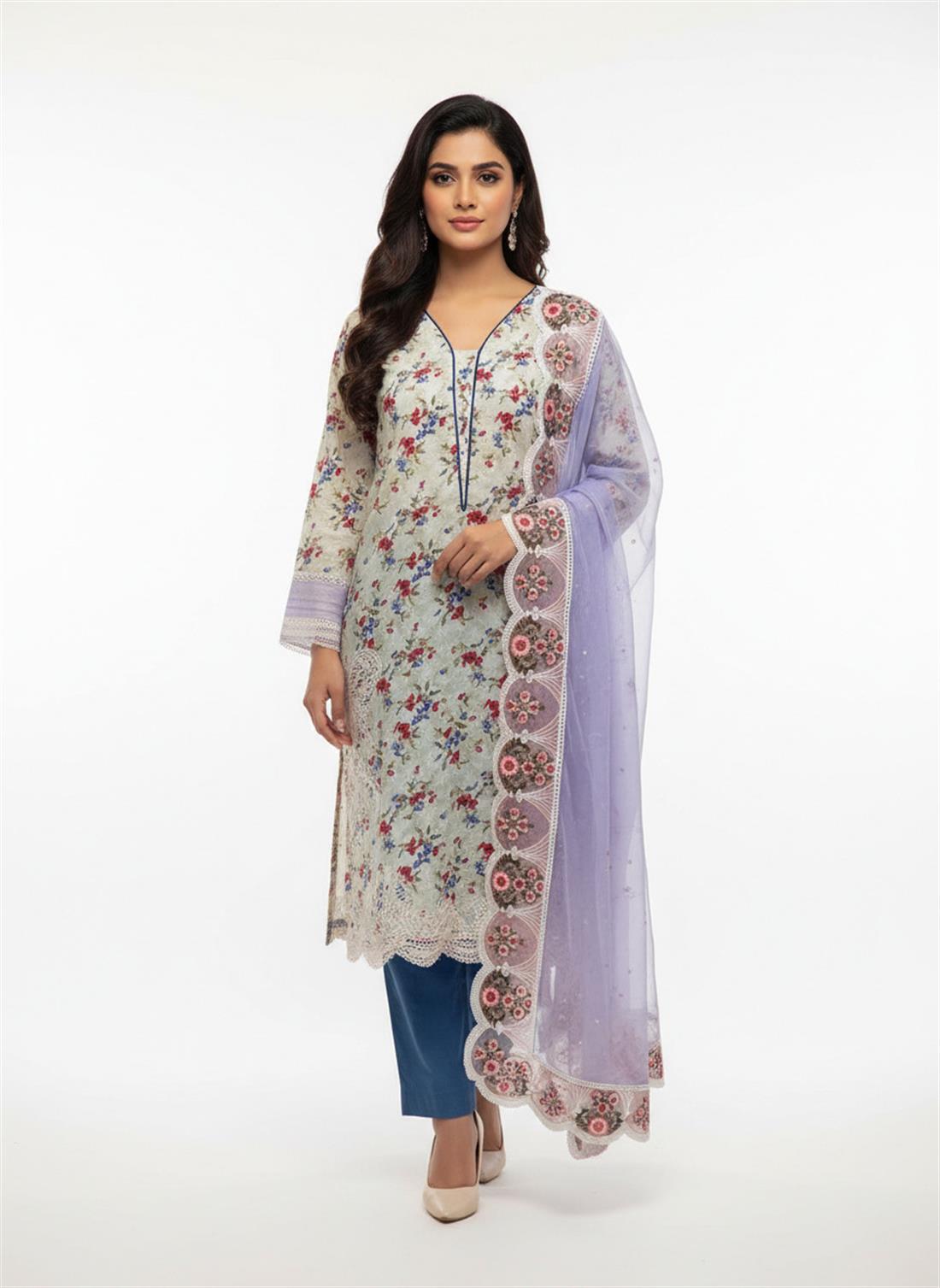 Lilac & Multicolour Embroidered Silk Ladies Cotton Suit