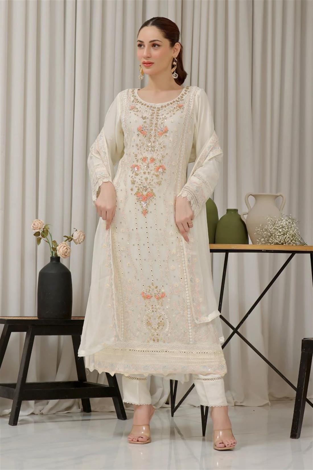 Ivory Embroidered Raw Silk Ladies Luxury Pret