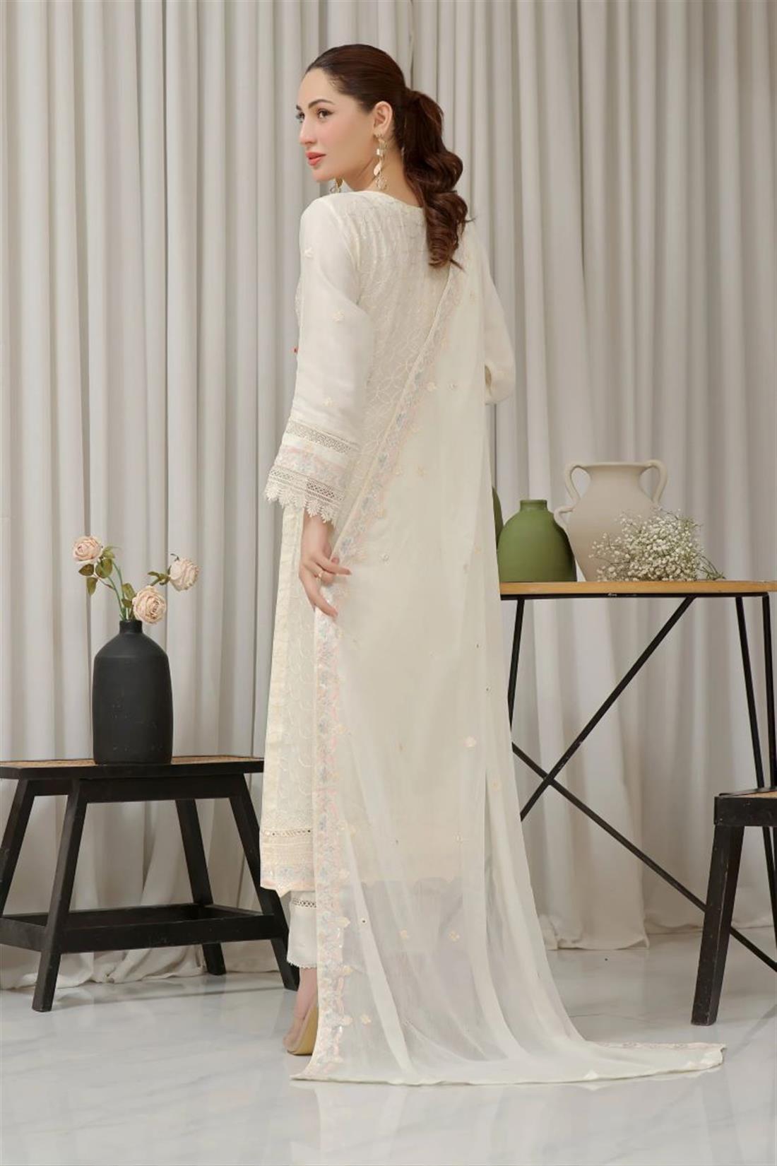 Ivory Embroidered Raw Silk Ladies Luxury Pret