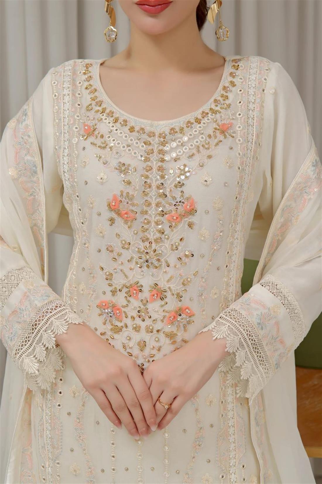 Ivory Embroidered Raw Silk Ladies Luxury Pret