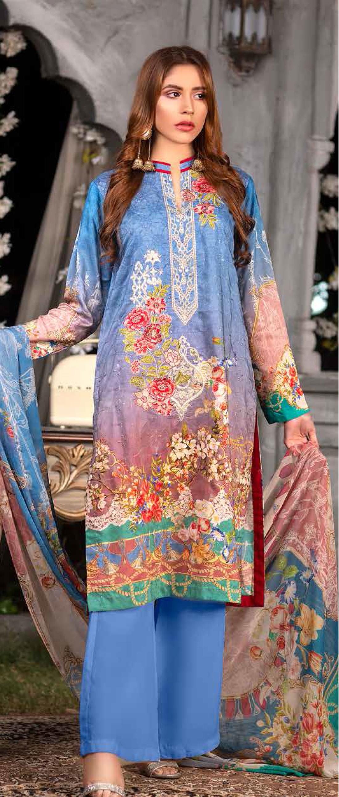 Blue 3 Piece Readymade Embroidered Beautiful Salwar Suit