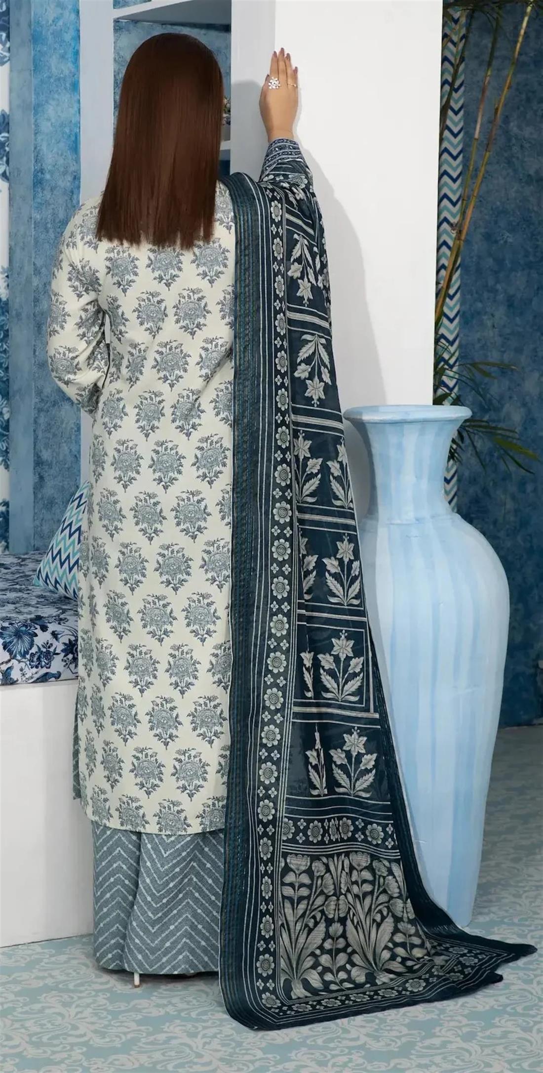 Cream & Blue Embroidered Silk Ladies Cotton Suit