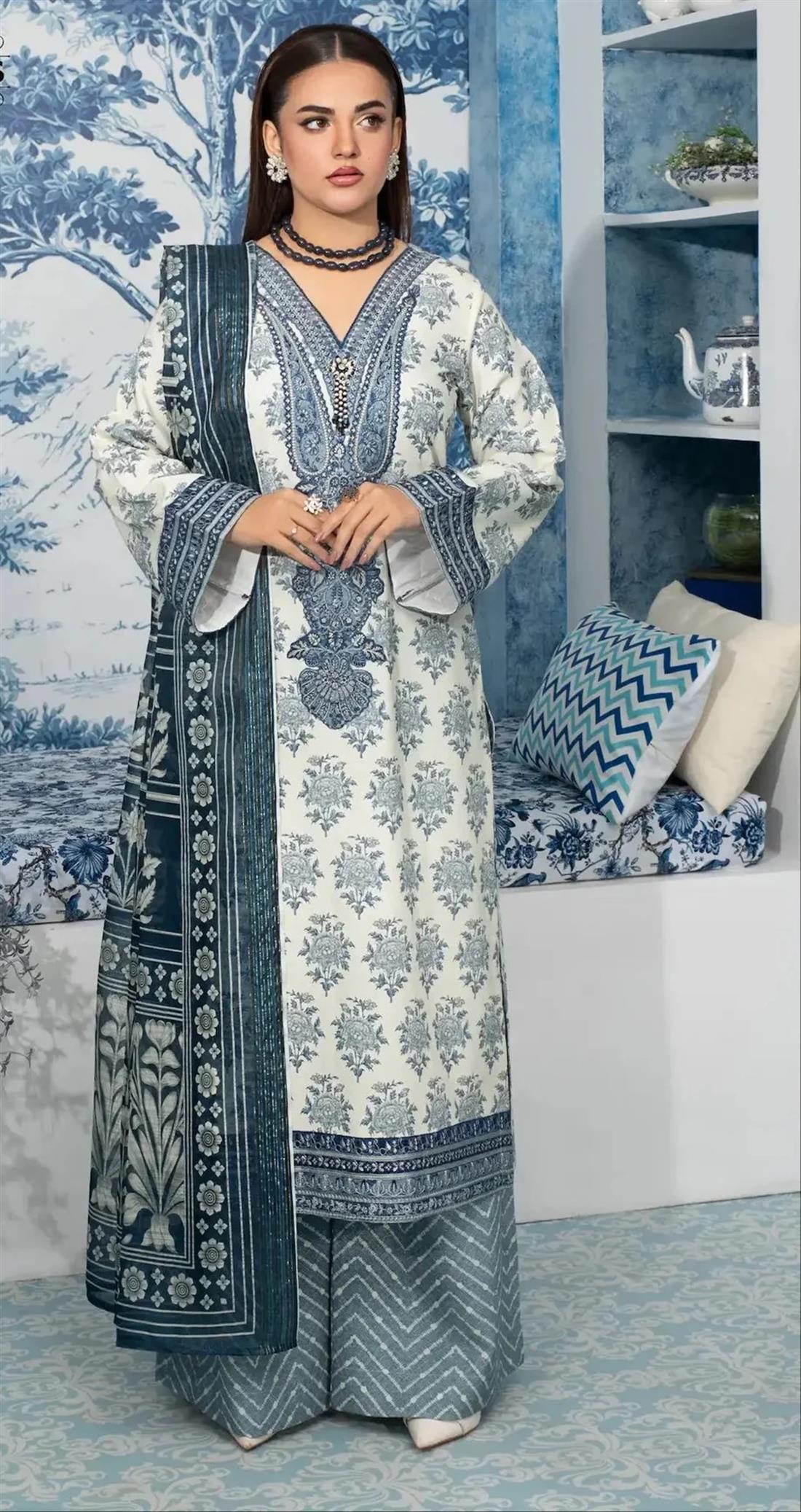 Cream & Blue Embroidered Silk Ladies Cotton Suit