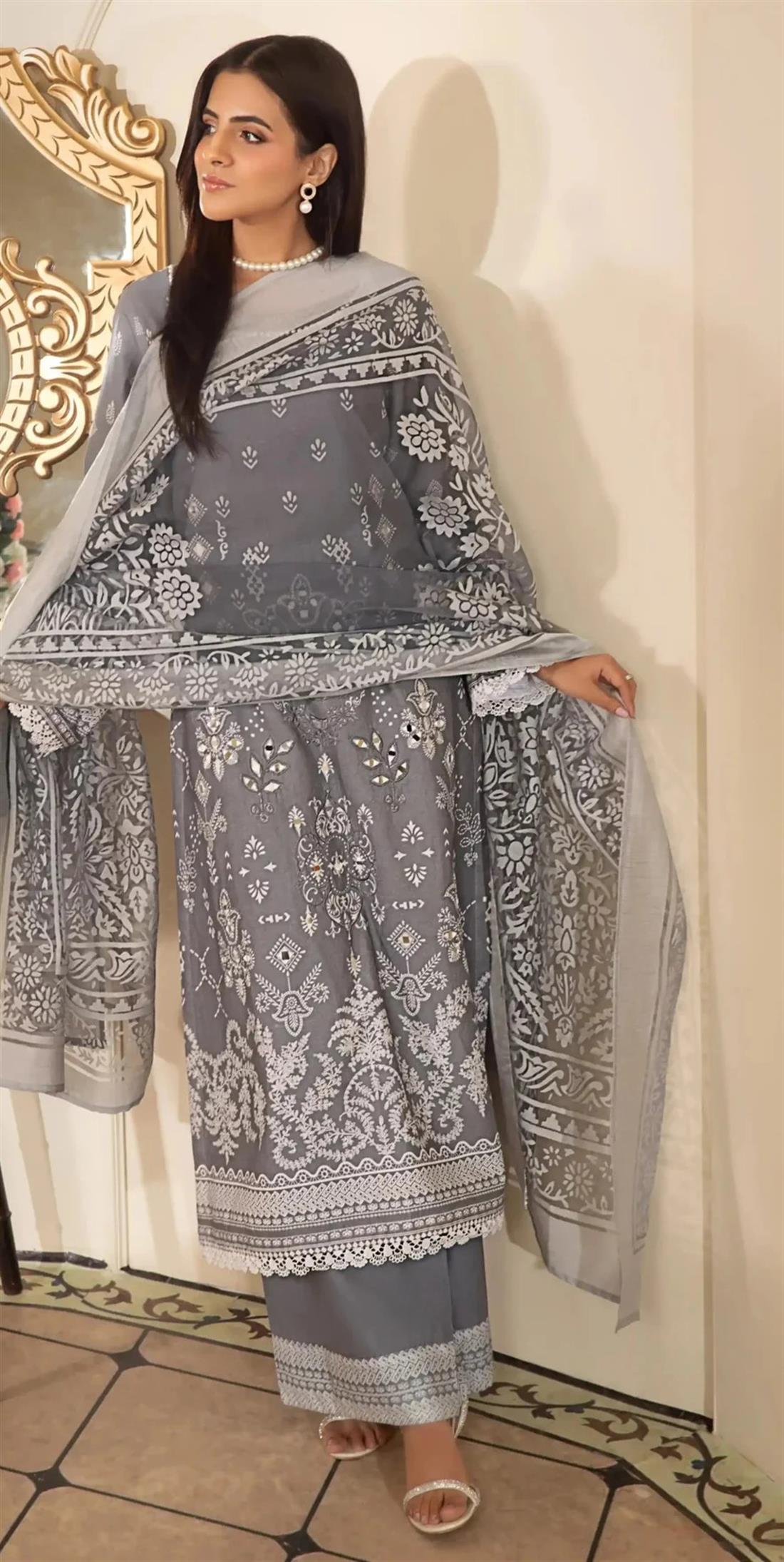 Grey Embroidered Organza Readymade - Heeras Suit