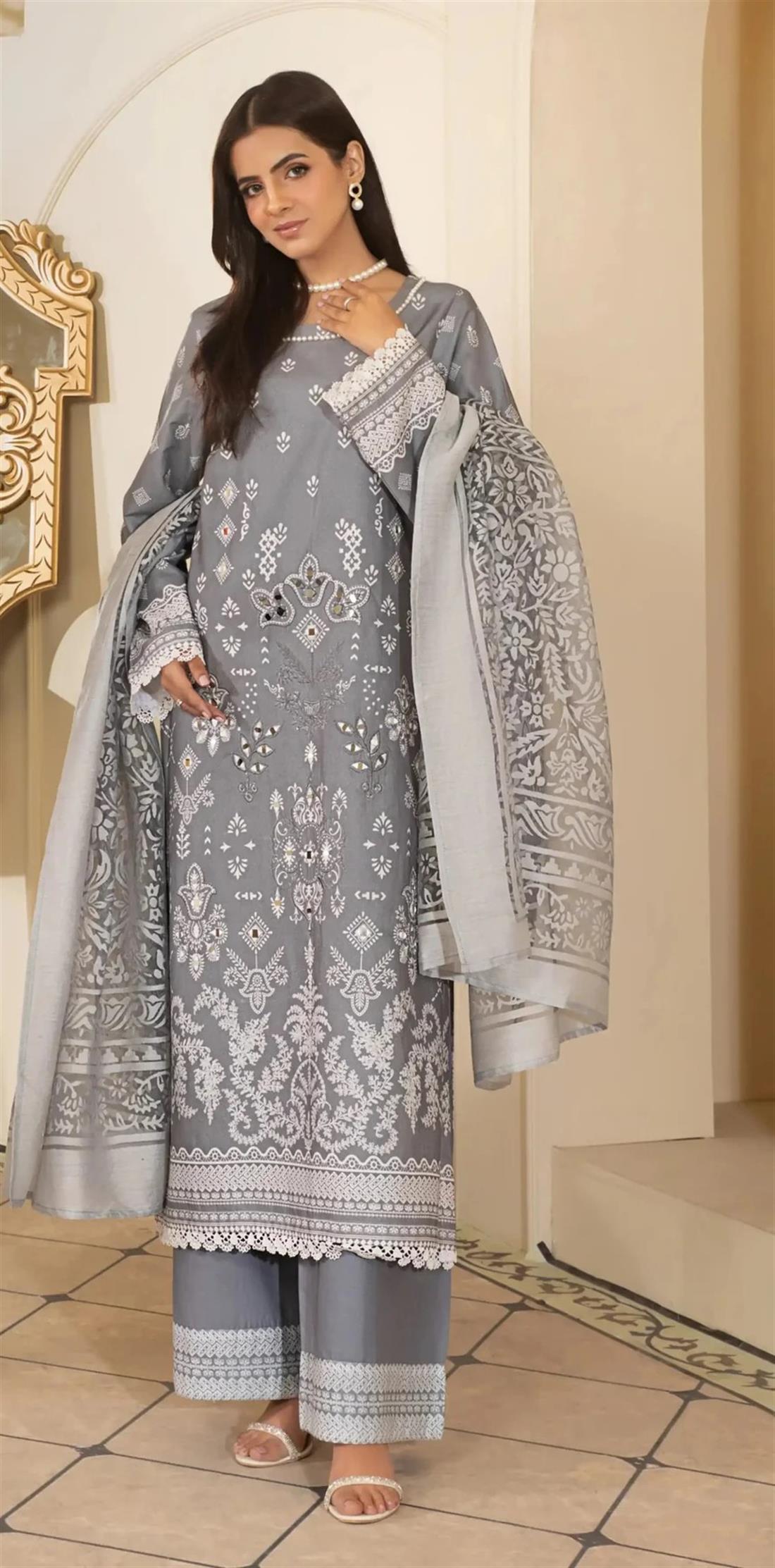 Grey Embroidered Organza Readymade - Heeras Suit
