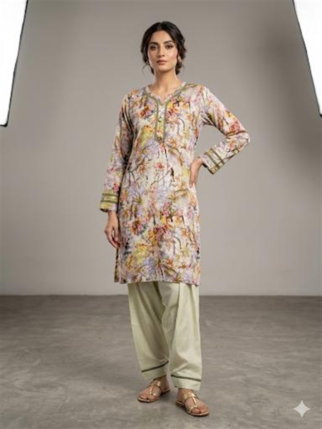 Lime & Multicolour Ladies 2 Piece Suit