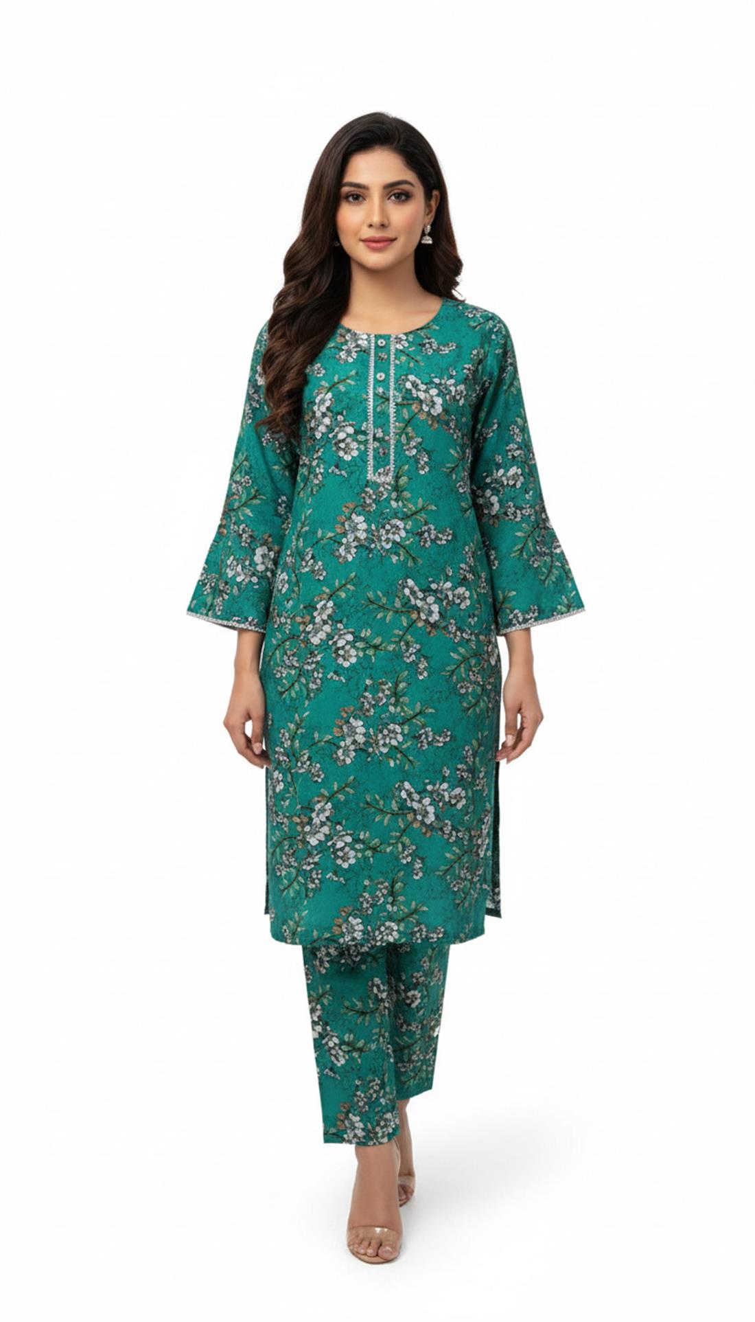 Sea Green Printed Cotton Ladies Readymade