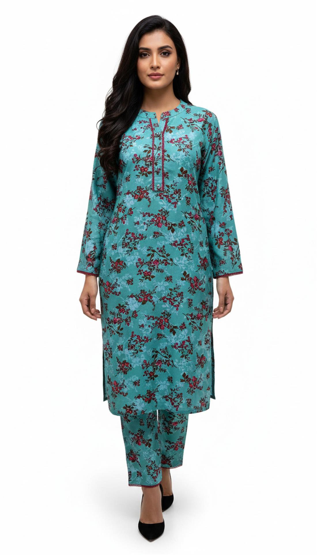 BEAUTIFUL PRINTED 2 PIECE SUIT WITH LACE ON NECK,SLEEVES AND SHIRT FRONT.
PRINTED TROUSER/SHALWAR.
BIG SIZES COMES WITH SHALWAR.
PERFECT FOR DAILYWEAR.