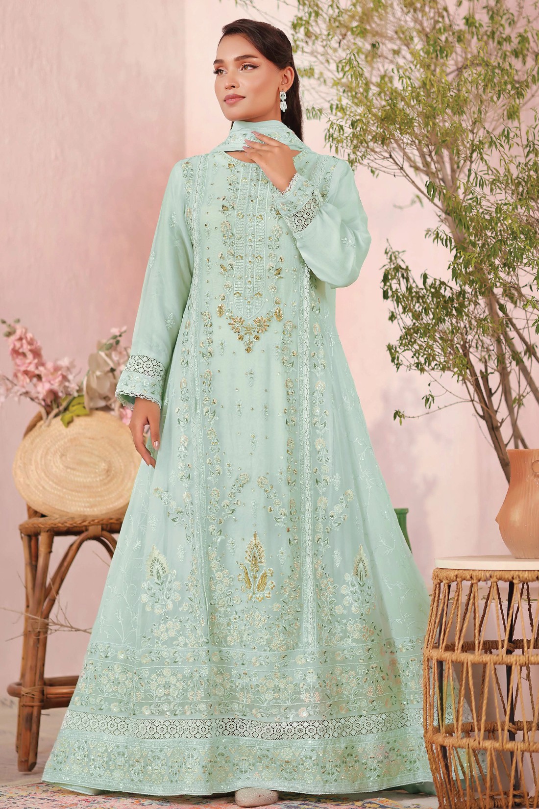 Sea Green Embroidered Raw Silk Ladies Readymade