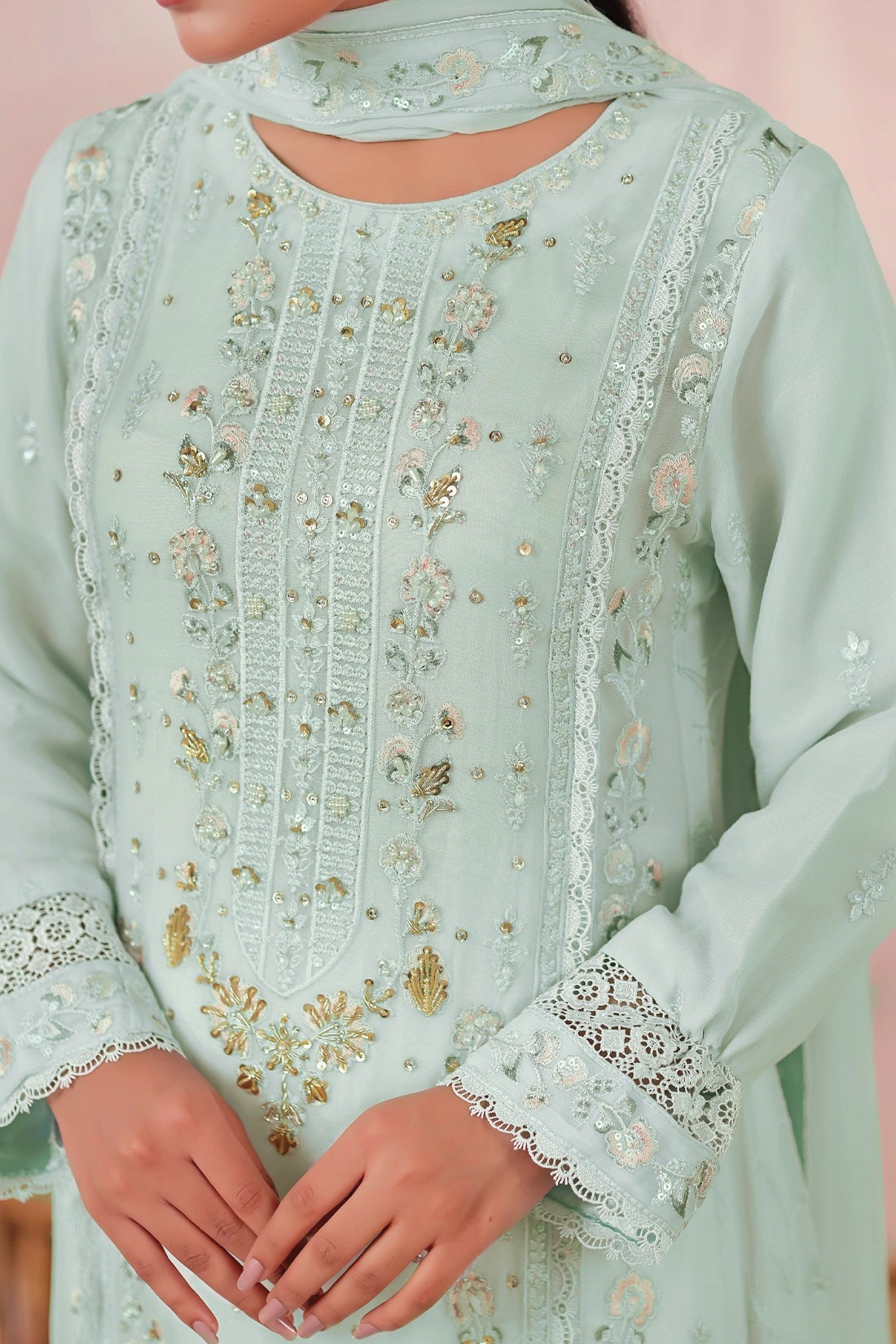 Sea Green Embroidered Raw Silk Ladies Readymade