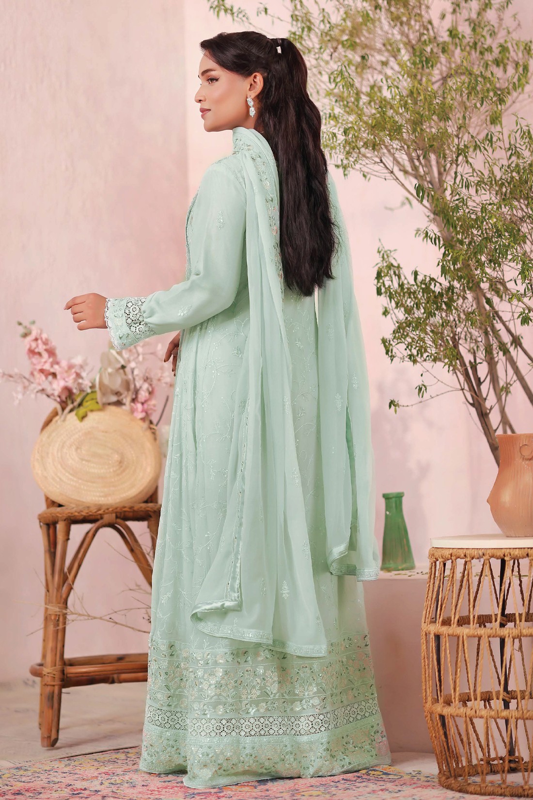 Sea Green Embroidered Raw Silk Ladies Readymade
