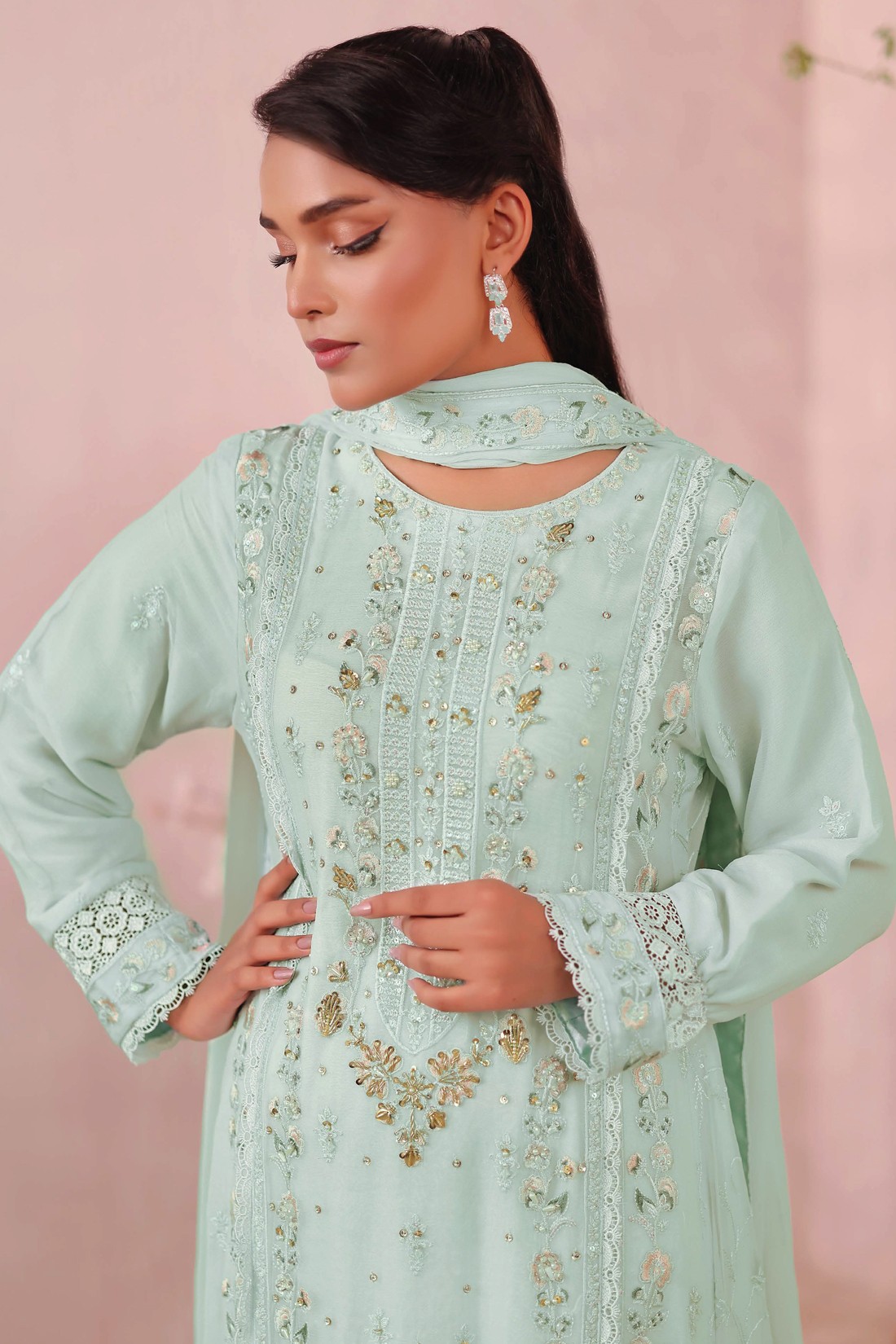 Sea Green Embroidered Raw Silk Ladies Readymade