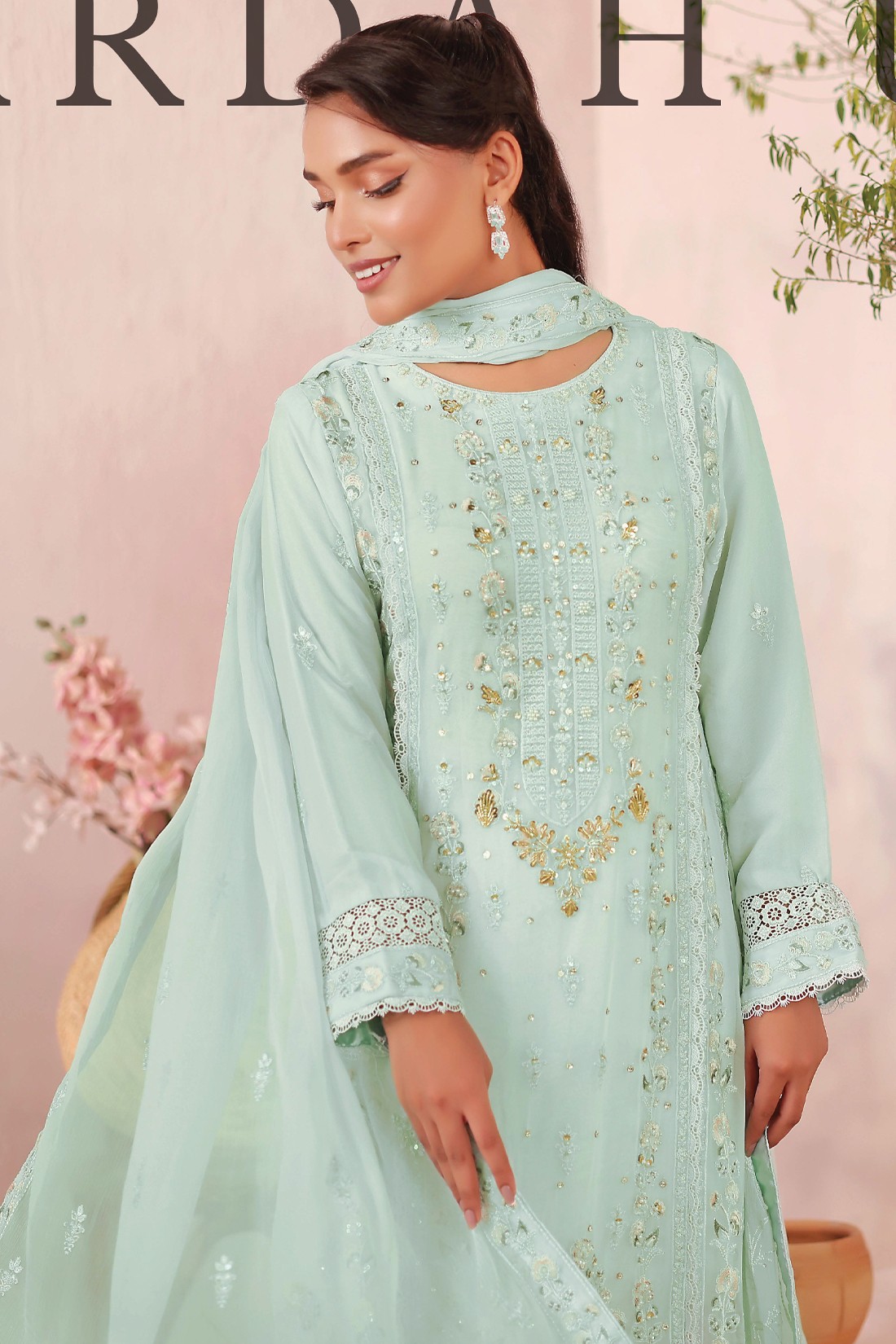 Sea Green Embroidered Raw Silk Ladies Readymade