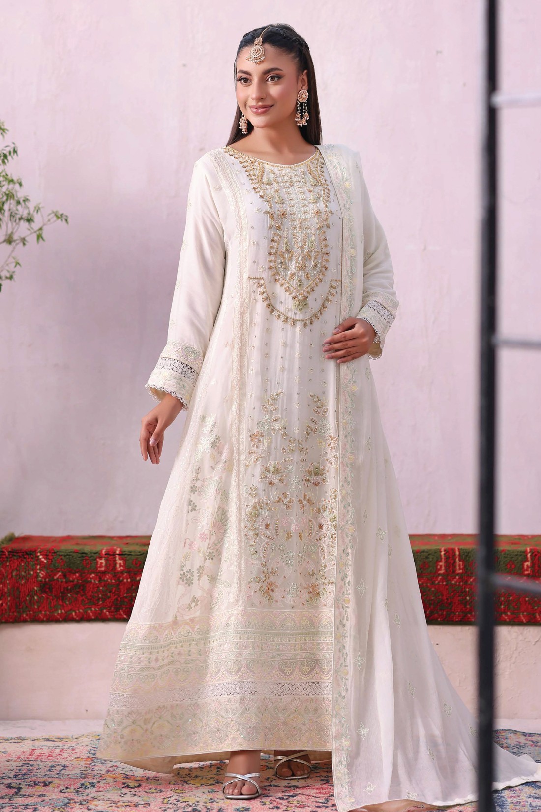 Off White Embroidered Raw Silk Ladies Readymade