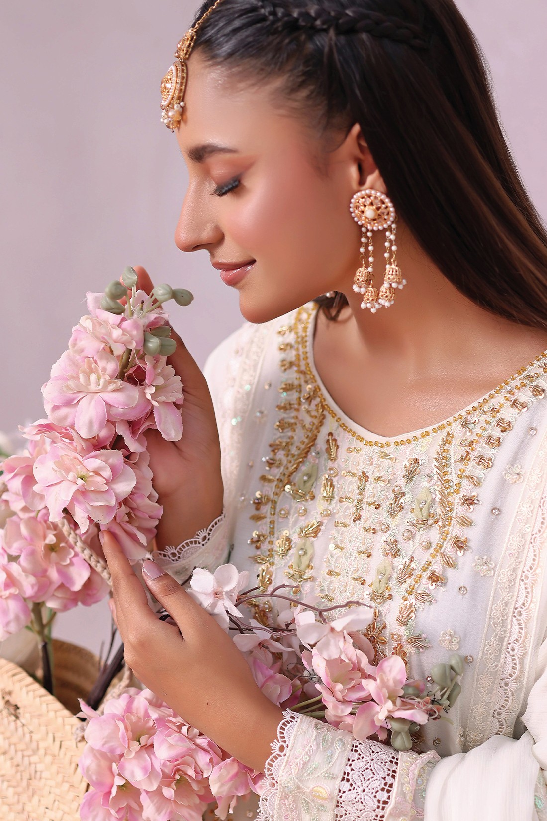 Off White Embroidered Raw Silk Ladies Readymade