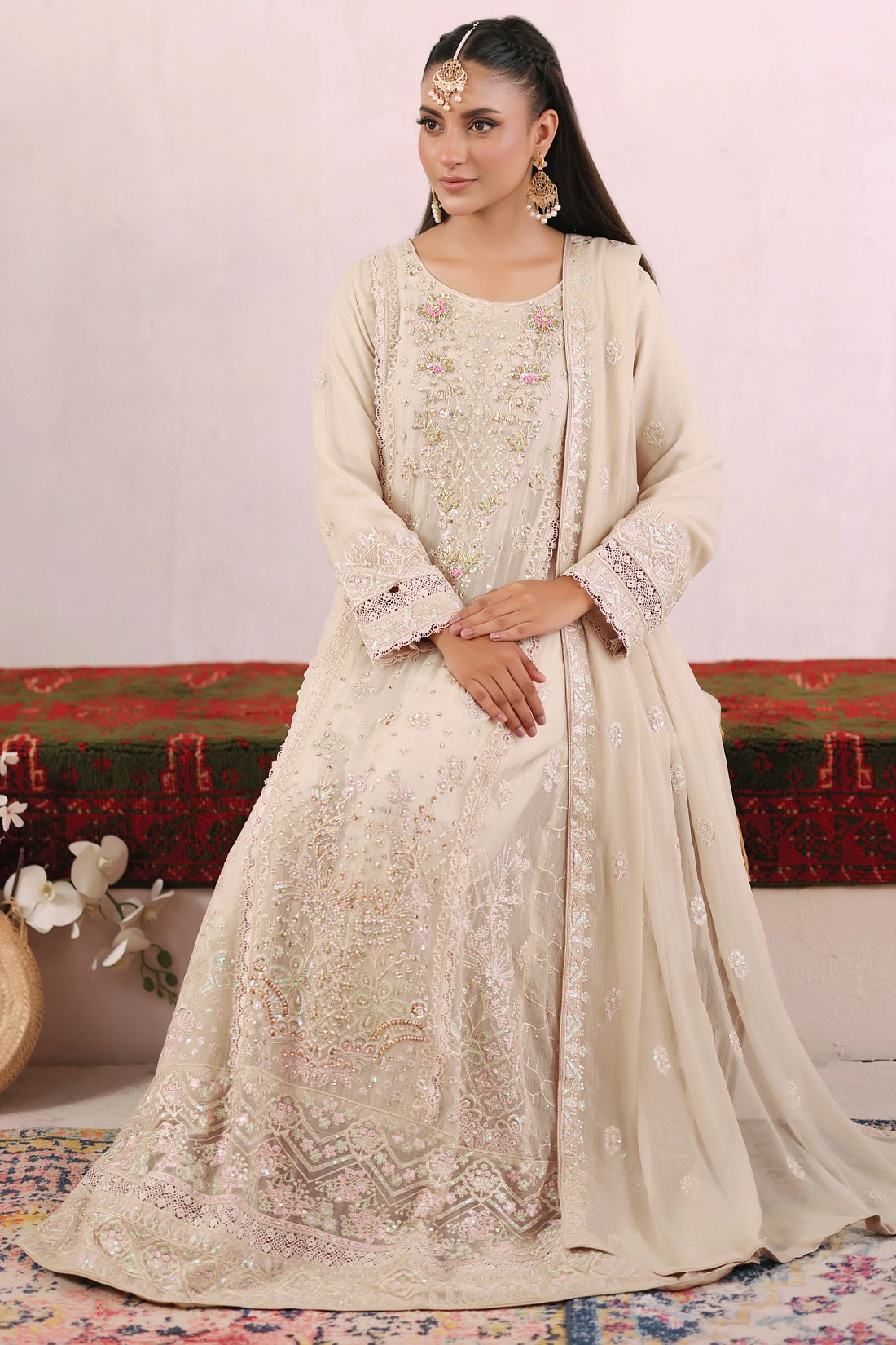Beige Embroidered Raw Silk Ladies Readymade