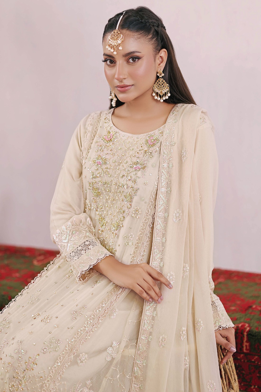 Beige Embroidered Raw Silk Ladies Readymade