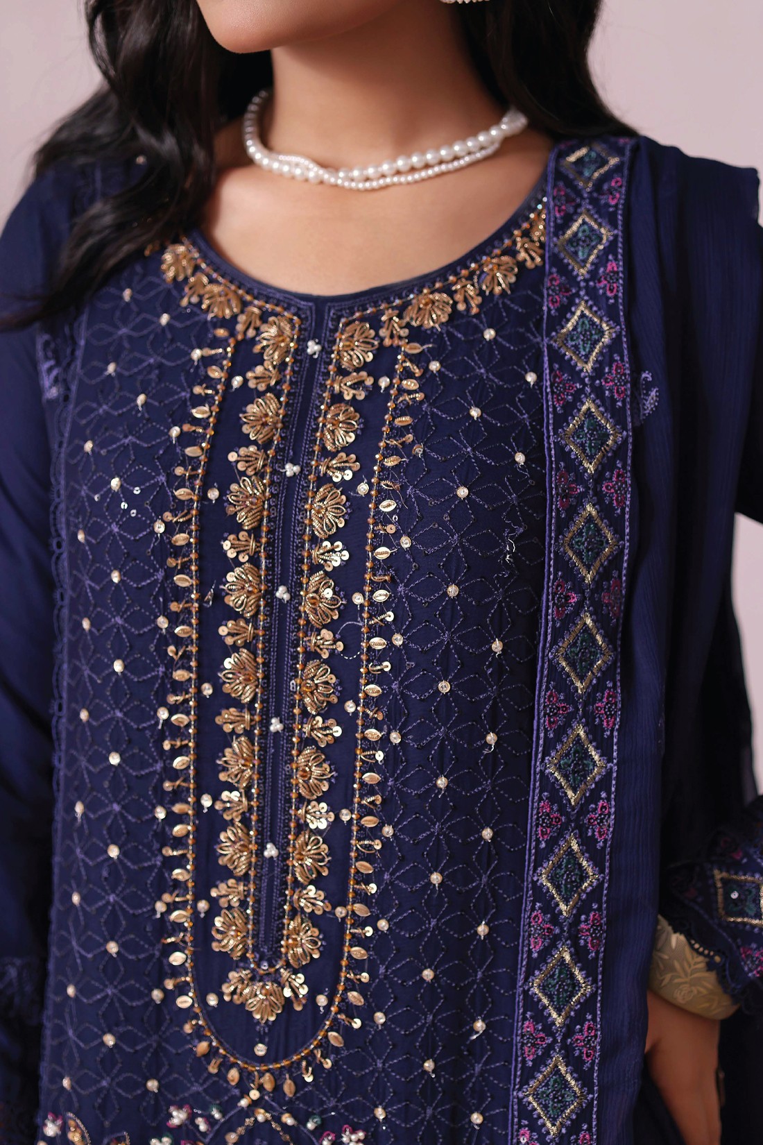 Navy Embroidered Raw Silk Ladies Readymade