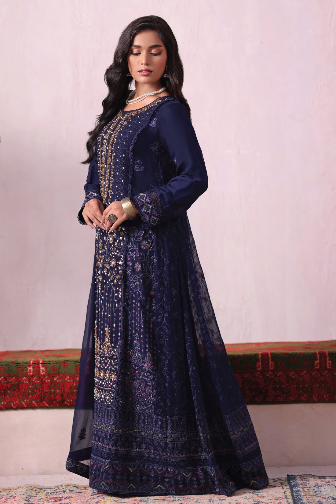 Navy Embroidered Raw Silk Ladies Readymade