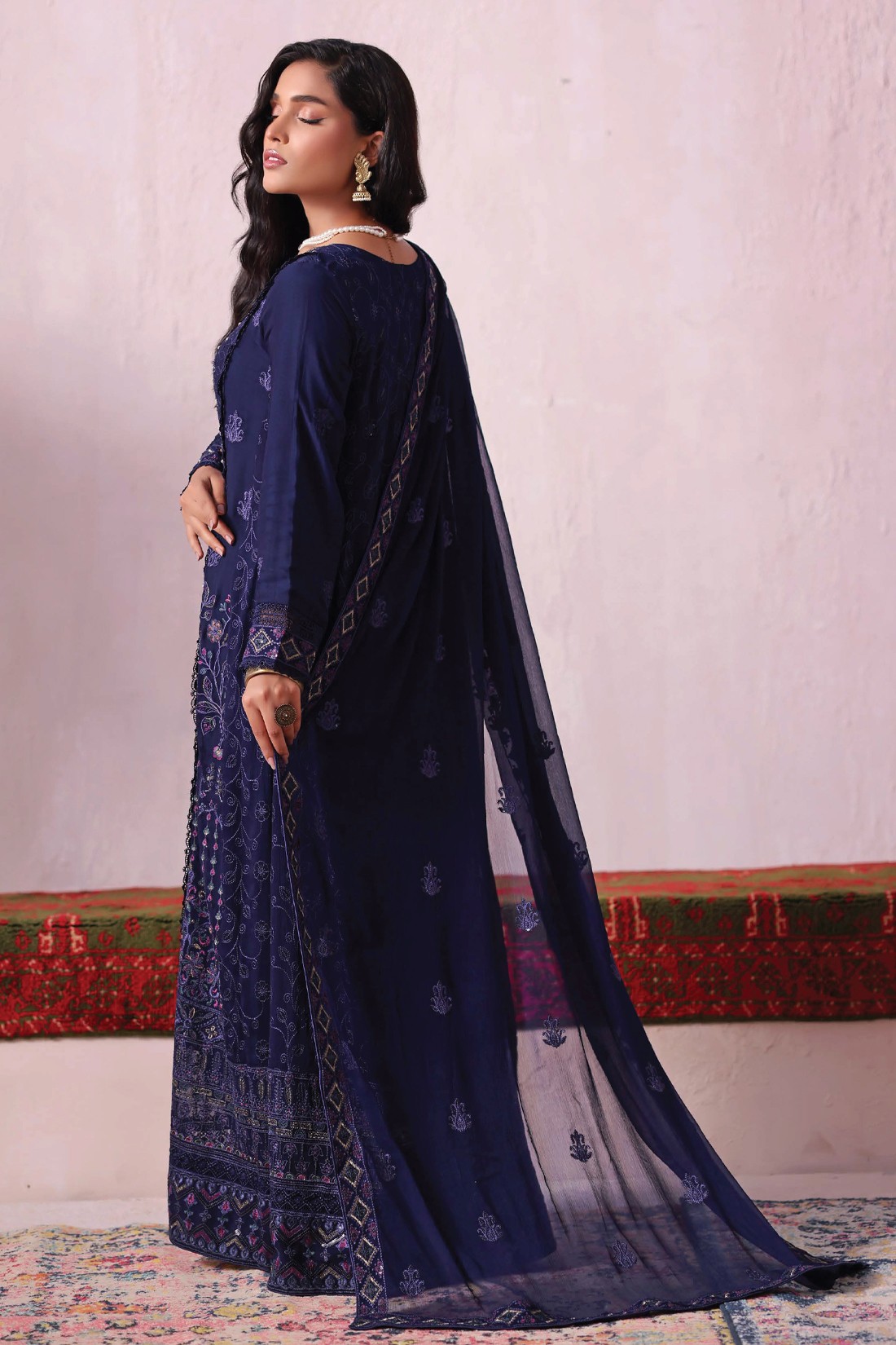 Navy Embroidered Raw Silk Ladies Readymade