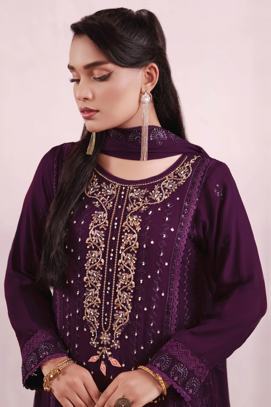 Purple Embroidered Raw Silk Ladies Readymade