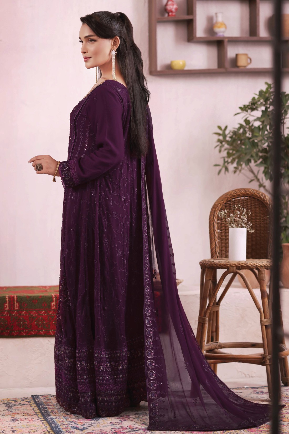 Purple Embroidered Raw Silk Ladies Readymade