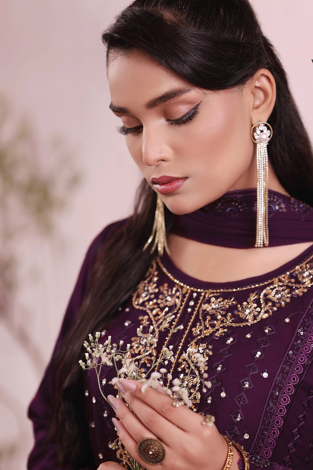 Purple Embroidered Raw Silk Ladies Readymade