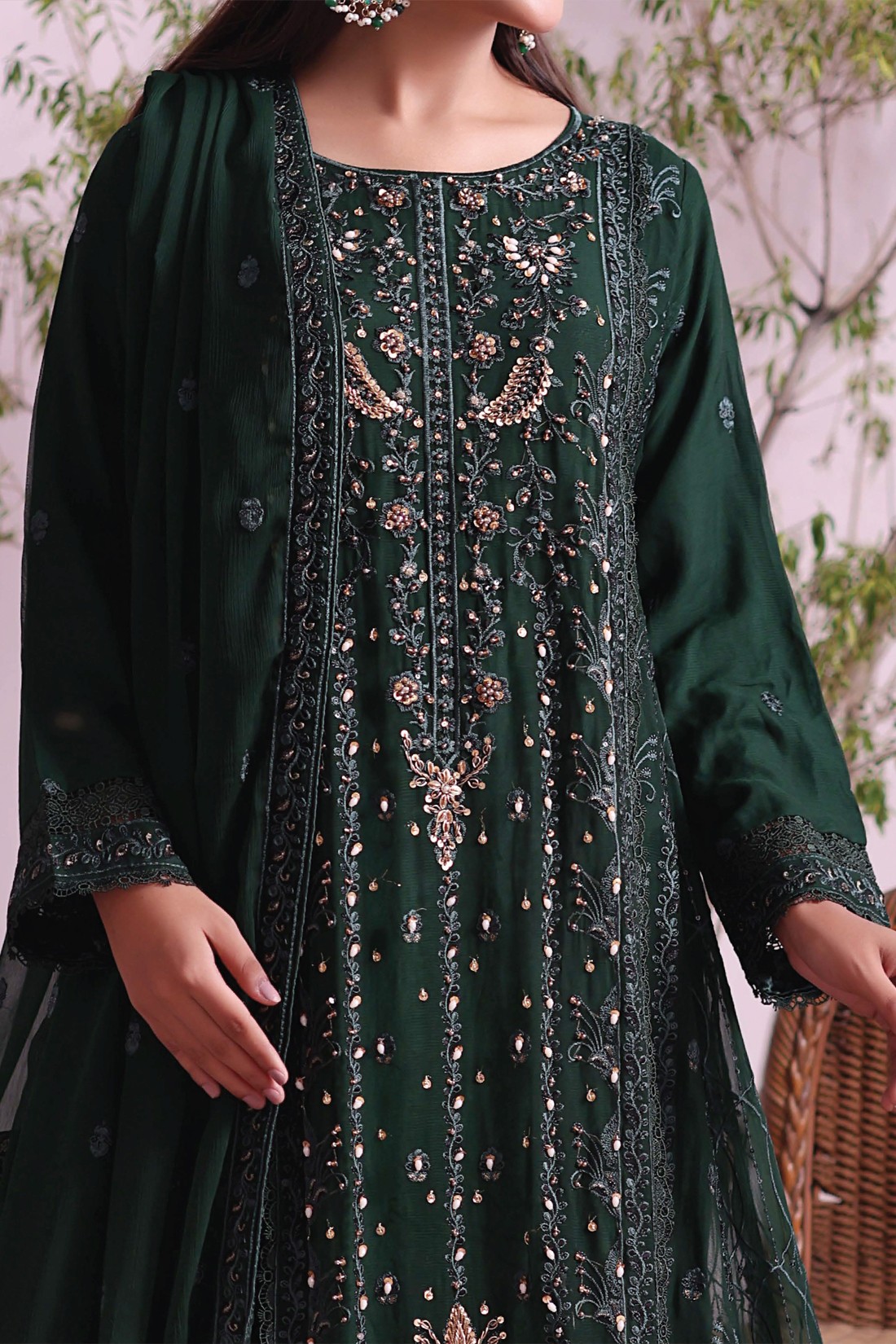 Green Embroidered Raw Silk Ladies Readymade
