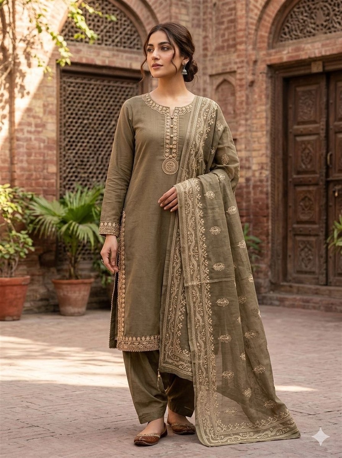 Dark Khaki Embroidered Chiffon Ladies 3 Piece Suit