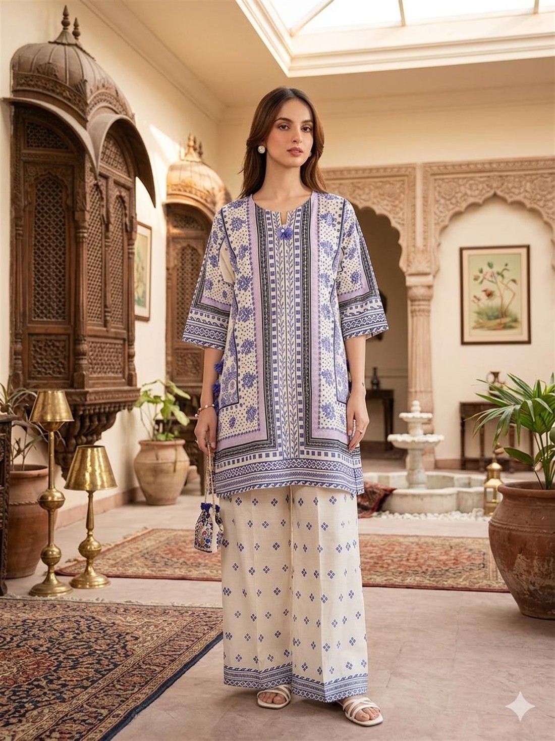 Cream & Purple Lawn Ladies Designer Printed Co-or Sets