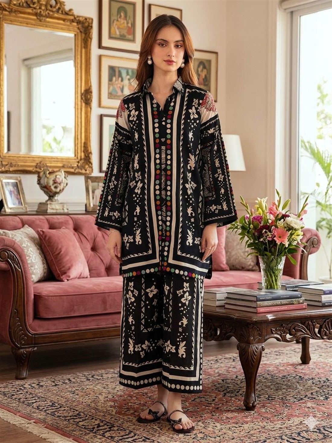 Black Lawn Ladies Designer Printed Co-or Sets