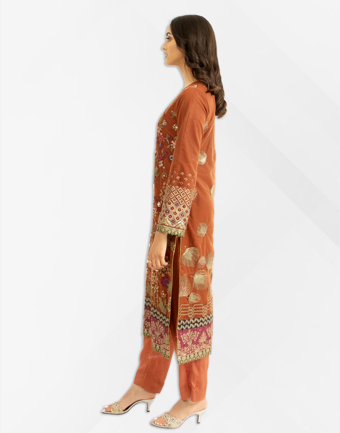 Maroon Net Heavy Embroidered 3 Piece Salwar Kameez