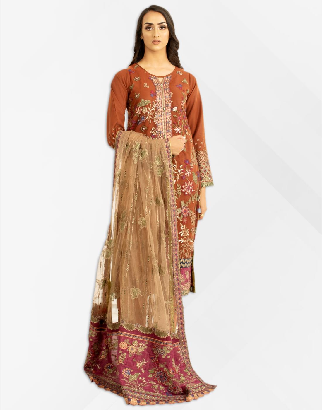 Maroon Net Heavy Embroidered 3 Piece Salwar Kameez