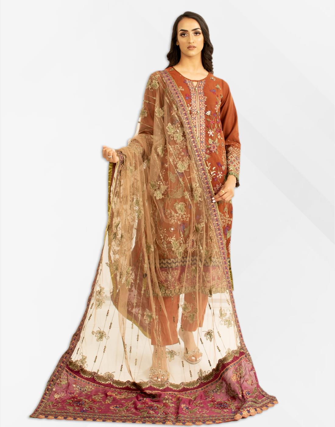 Maroon Net Heavy Embroidered 3 Piece Salwar Kameez