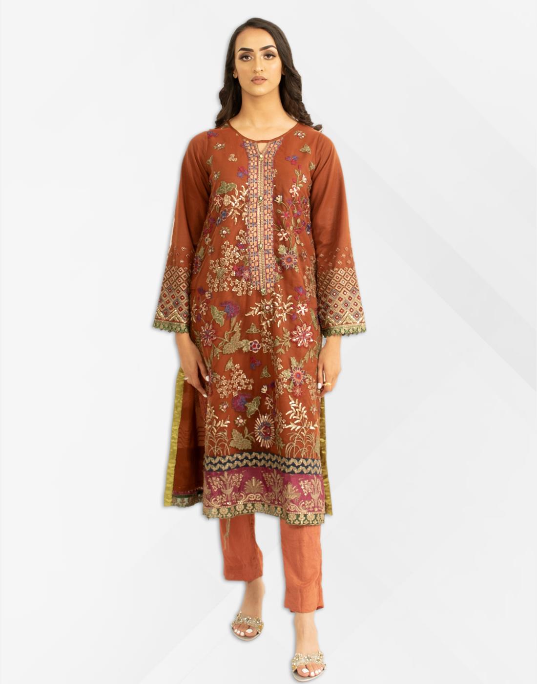 Maroon Net Heavy Embroidered 3 Piece Salwar Kameez