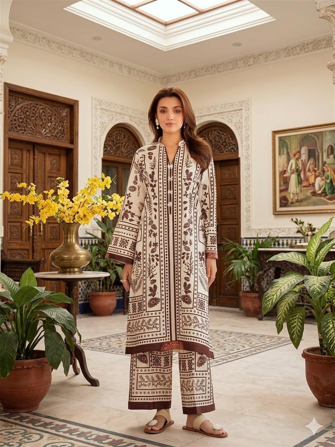 Brown Lawn Ladies Designer Printed Co-or Sets