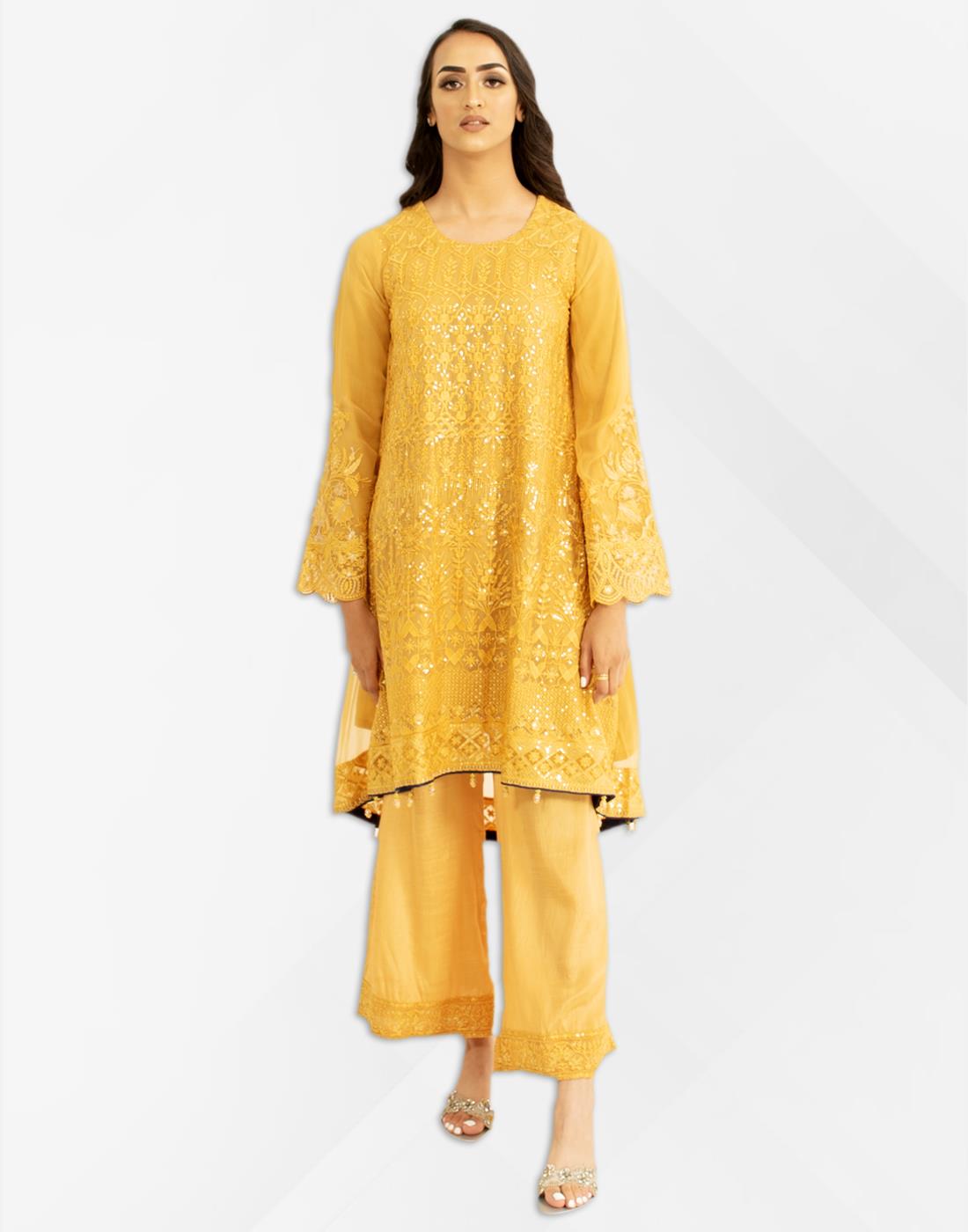 Mustard Embroidered Resham Peplum with Chiffon Dupatta & Palazzo