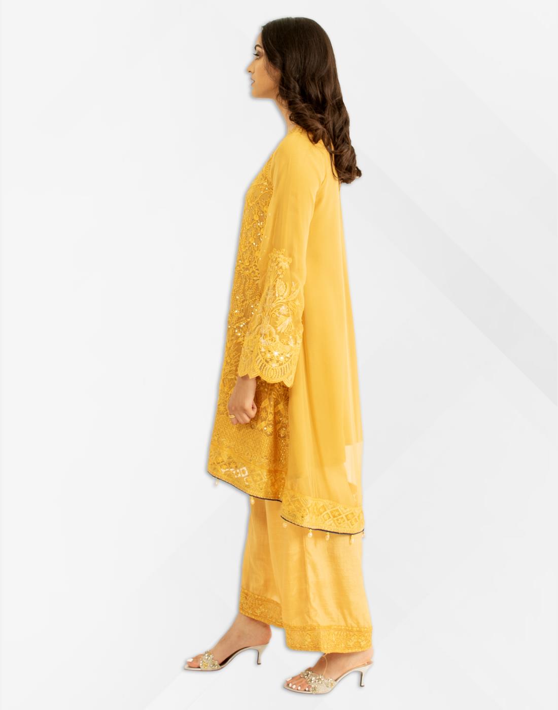 Mustard Embroidered Resham Peplum with Chiffon Dupatta & Palazzo