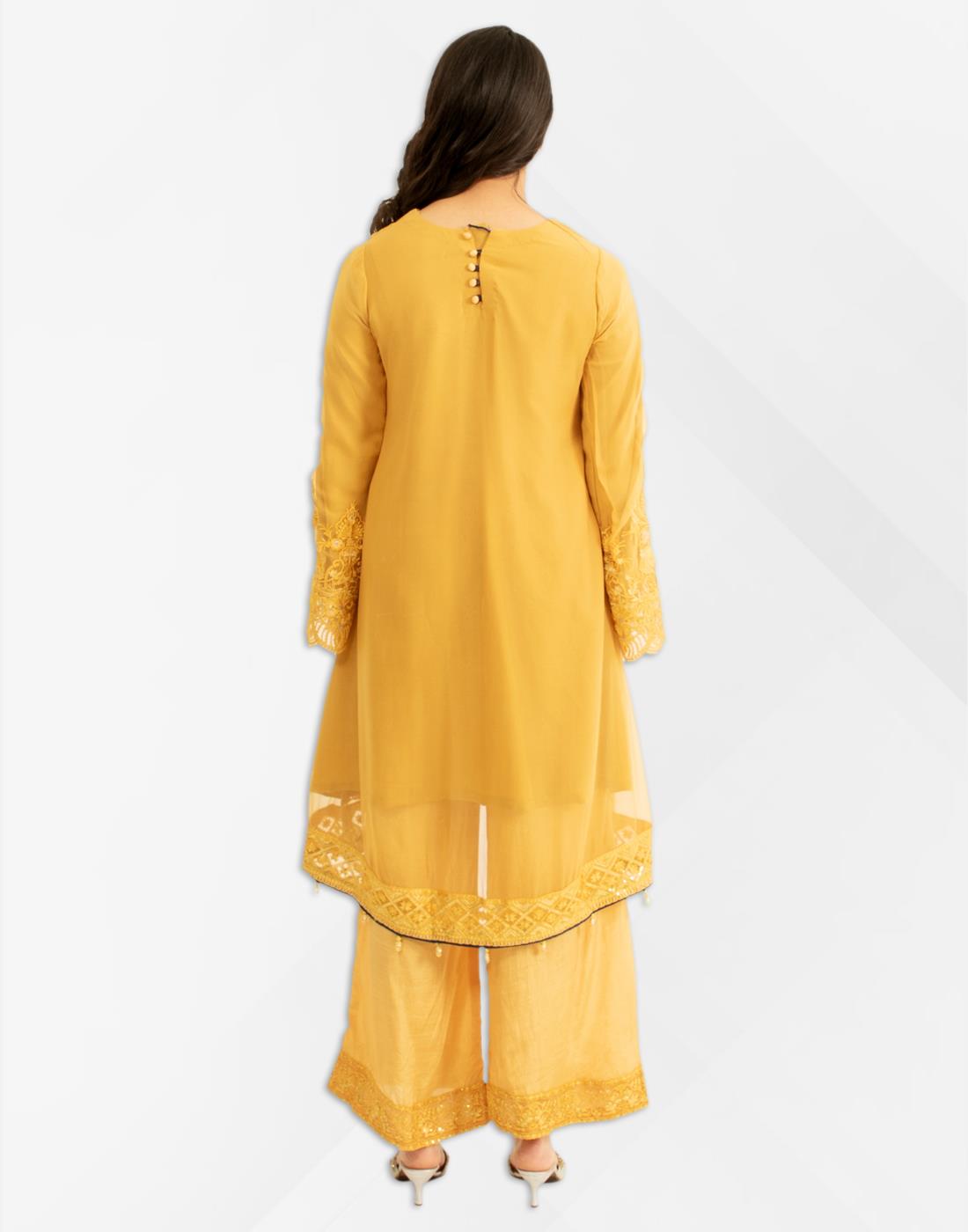 Mustard Embroidered Resham Peplum with Chiffon Dupatta & Palazzo