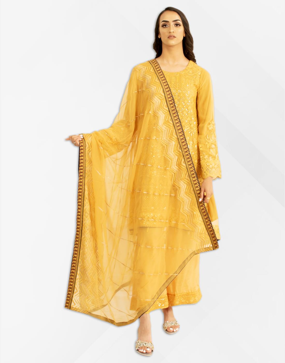 Mustard Embroidered Resham Peplum with Chiffon Dupatta & Palazzo