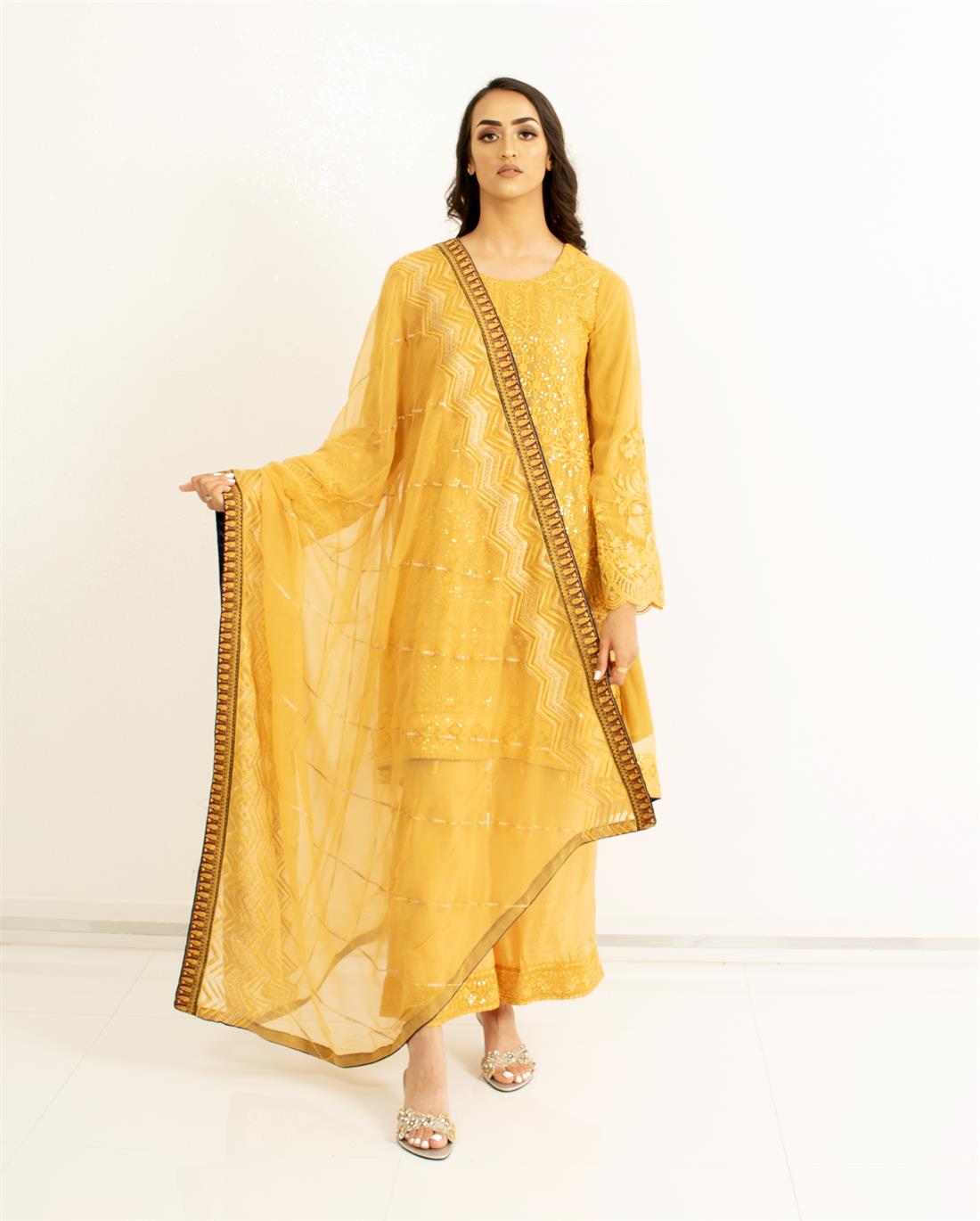 Mustard Embroidered Resham Peplum with Chiffon Dupatta & Palazzo